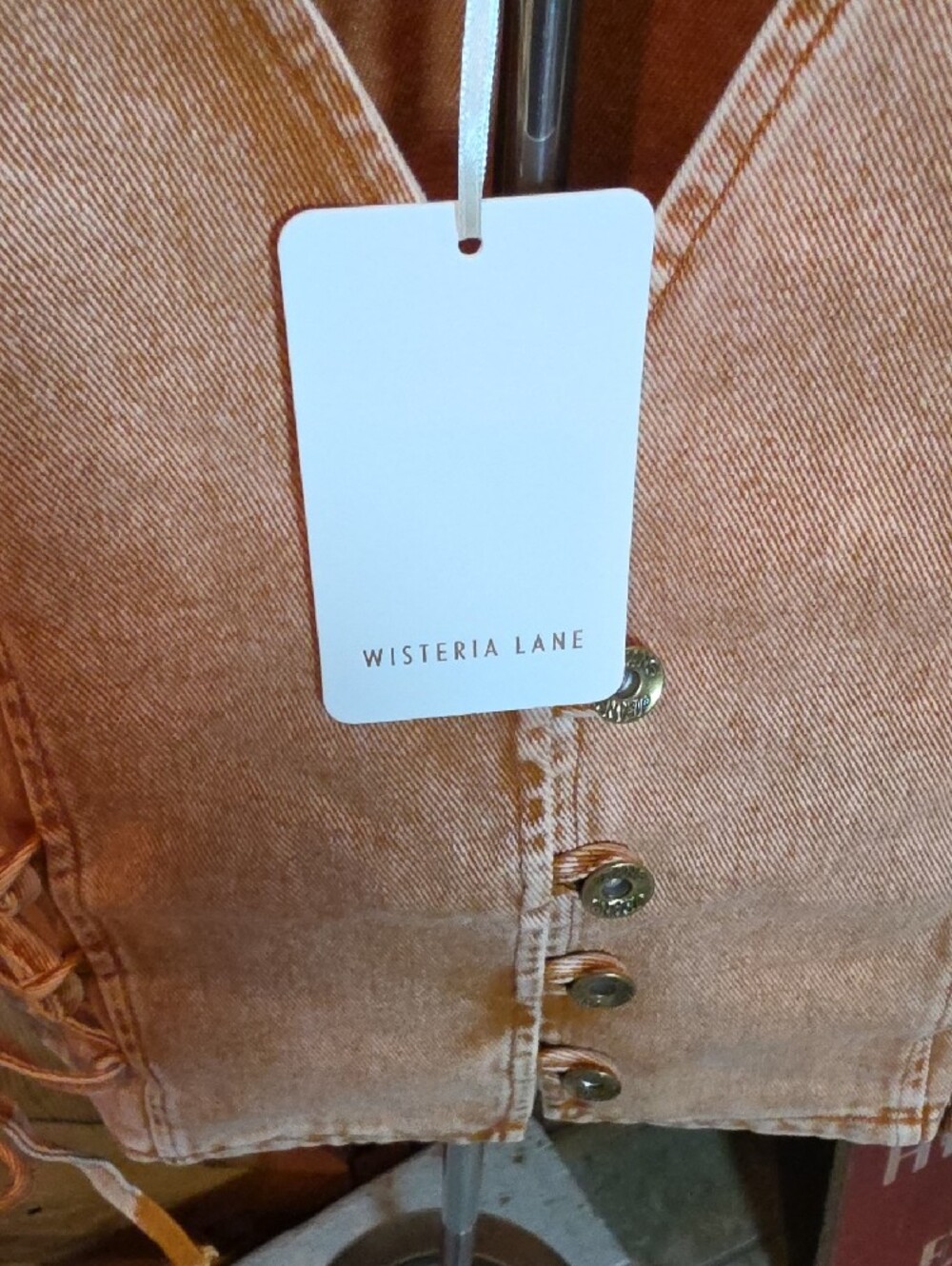 193p Washed Rust Sleeveless Lace-Up Button Vest - Picture 5 of 11